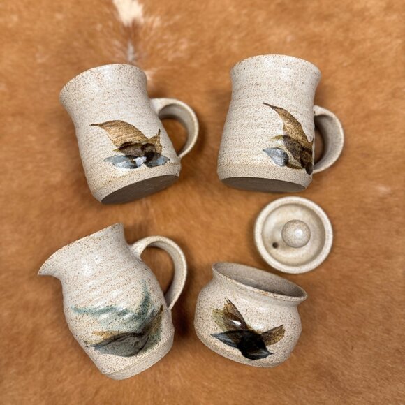 Vintage Stoneware Pottery Mug Set Rustic Creamer Sugar Bowl Handmade Ceramic - Picture 1 of 5